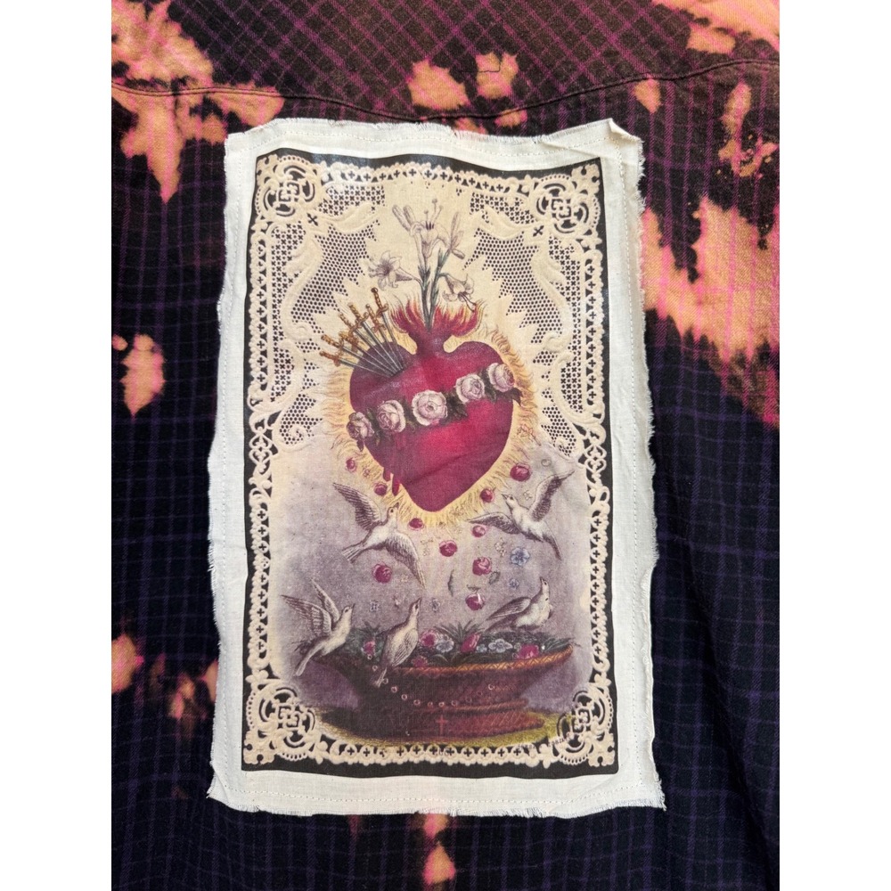 Bleach Dyed Western Flannel Sacred Heart Patch Shirt M/L - Picture 3 of 8
